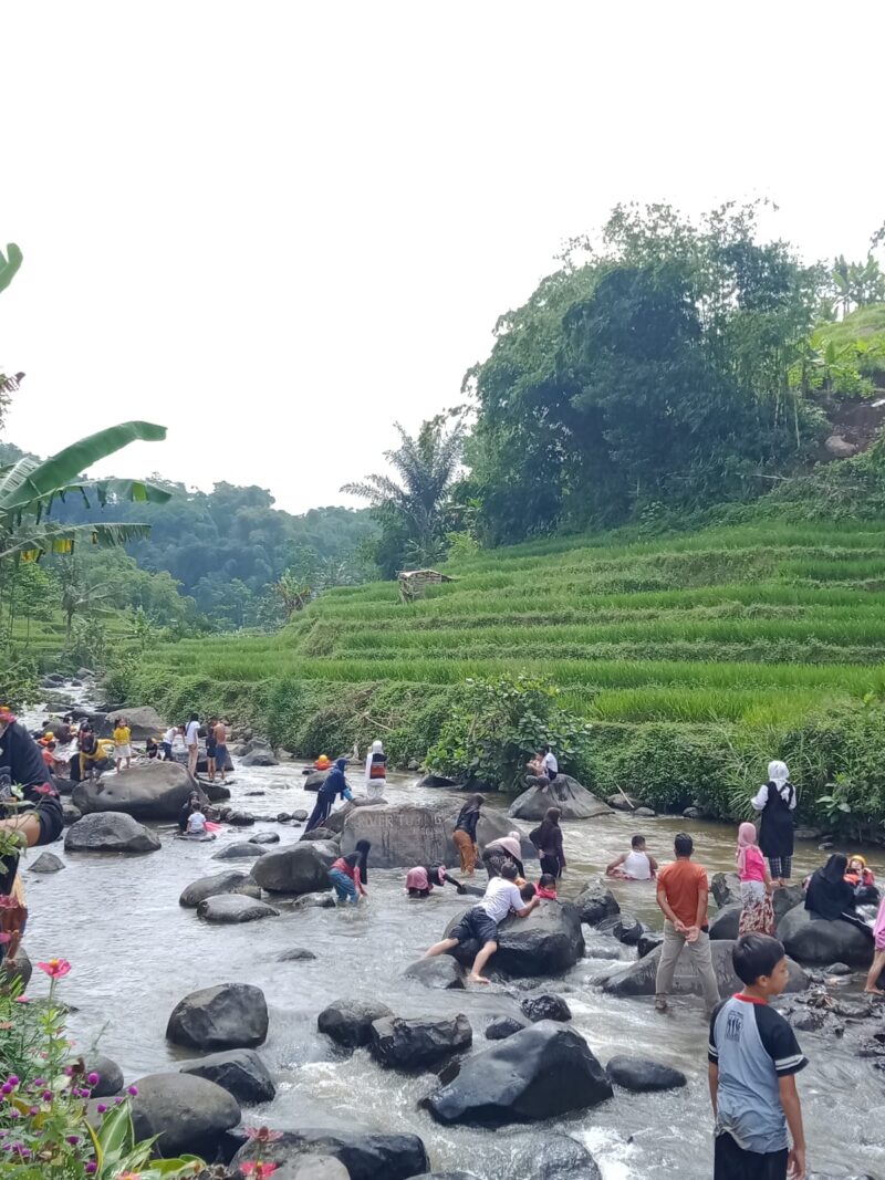 Suasana asri dan wisatawan di Desa Wisata Sindangkasih, Desa Sukamaju, Jalan Raya Garut-Tasikmalaya, Kecamatan Cilawu, Kabupaten Garut, Rabu (22/2/2023). (Foto : Yan AS & Dok. Desa Wisata Sindangasih)