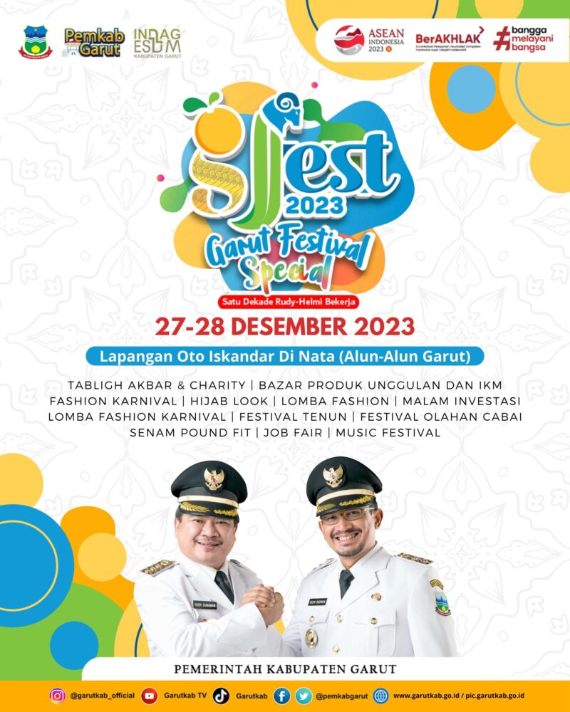 Pemerintah Kabupaten Garut bersiap menyelenggarakan kembali Garut Festival atau G Fest sebagai rangkaian penutup tahun 2023. Acara ini akan berlangsung pada tanggal 27-28 Desember 2023 di Alun-Alun Garut.