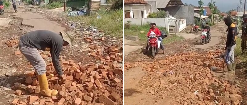 Inilah Warga Nagrog Babakan berpartisipasi menutup jalan-jalan yang berlubang dengan serpihan bata untuk sementara (foto Ihsan PENA Garut)