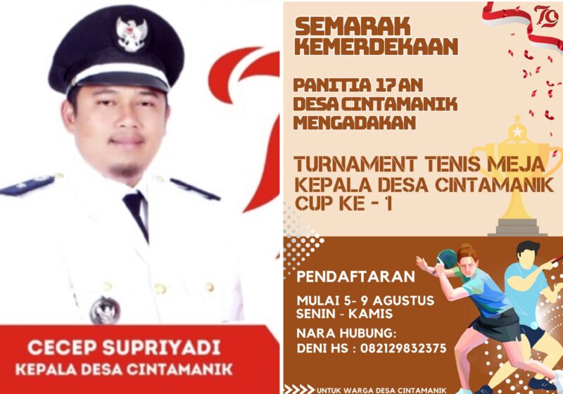 Dalam rangka menyemarakkan Hari Ulang Tahun (HUT) Kemerdekaan Republik Indonesia yang ke-79, Desa Cintamanik, Kecamatan Karang Tengah, kabupaten Garut mengadakan turnamen tenis meja bagi warga Desa Cintamanik. Turnamen ini diharapkan dapat meningkatkan semangat kebersamaan dan nasionalisme di kalangan masyarakat desa.