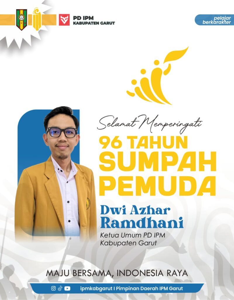 Dalam semangat memperingati Hari Sumpah Pemuda yang ke-96, Ketua Ikatan Pelajar Muhammadiyah (IPM) Kabupaten Garut, Dwi Azhar Ramdani, mengajak seluruh pelajar di Indonesia untuk memperkuat karakter dan bersinergi demi kemajuan bangsa. Pesan ini sejalan dengan tema yang diusung, “Maju Bersama Indonesia Raya, Pelajar Berkarakter,” yang mencerminkan harapan agar generasi muda mampu mengembangkan diri dan berperan aktif dalam pembangunan Indonesia.