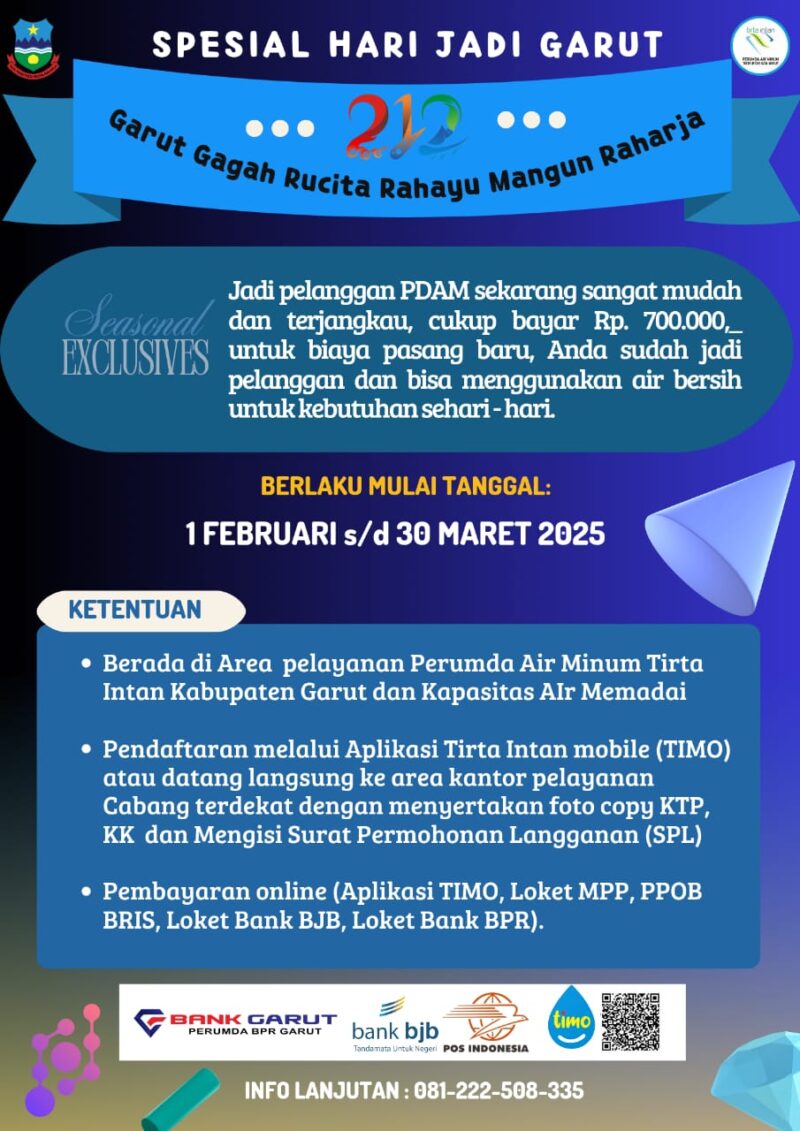 Menyambut Hari Jadi Garut ke-212, Perumda Air Minum Tirta Intan Garut meluncurkan program keringanan biaya pasang baru sambungan rumah guna mendorong akses masyarakat terhadap air minum bersih. Melalui inisiatif ini, biaya pemasangan sambungan rumah yang semula mencapai Rp1.400.000,- kini dipotong menjadi hanya Rp700.000,-, sebuah langkah strategis untuk mendukung peningkatan kualitas hidup warga Garut.