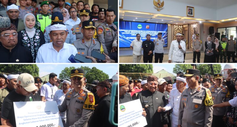 Gubernur Jawa Barat, H. Dedi Mulyadi S.H., M.M., bersama Kapolda Jawa Barat, Irjen. Pol. Dr. Akhmad Wiyagus S.I.K., M.Si., M.M., menghadiri acara pemberian kompensasi biaya operasional bagi tukang andong dan becak yang terdampak selama arus mudik dan balik Lebaran 2025/1446 H yang dilaksanakan di Aula Mumun Surachman, Polres Garut.