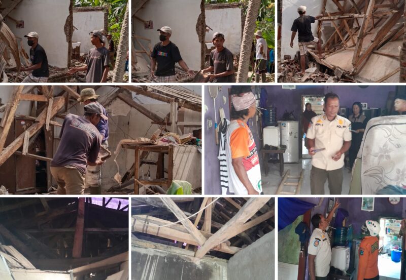 Sejumlah warga bersama aparat setempat bergotong royong membersihkan puing-puing rumah yang roboh di Desa Wanasari dan Desa Wanaraja, Kecamatan Wanaraja, Garut, pada Minggu (23/3/2025).