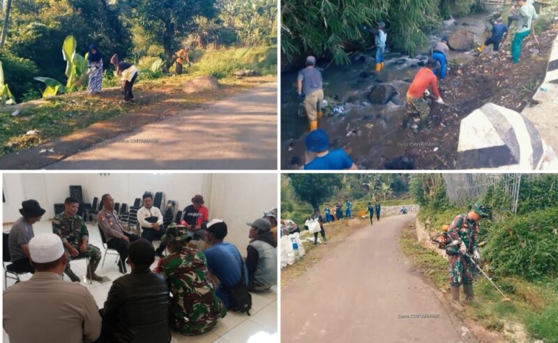 Warga Desa Cintamanik, Kecamatan Karangtengah, Kabupaten Garut, bergotong royong bersama Babinsa, aparat Polsek Sukawening, dan pemerintah desa dalam aksi bersih-bersih sampah dan normalisasi aliran sungai Citameng dan Cihaneut, Jumat pagi (25/04/2025).