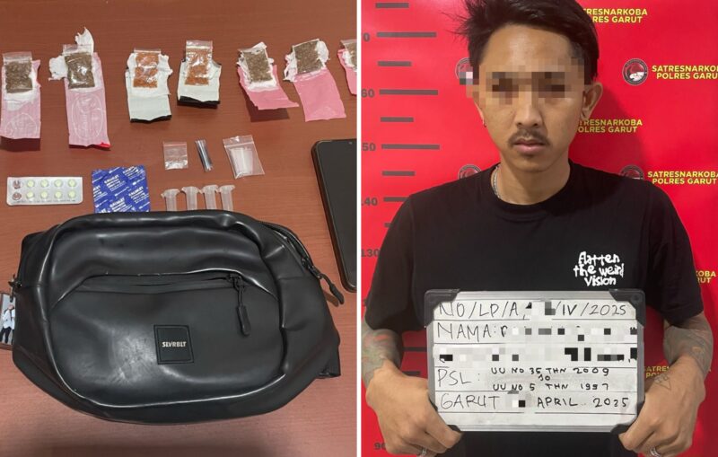 Satres Narkoba Polres Garut berhasil mengungkap kasus peredaran narkotika dan psikotropika yang melibatkan seorang pria berinisial RS (29), warga Kampung Tegallega, Kelurahan Langensari, Kecamatan Tarogong Kaler, Kabupaten Garut. Rabu (30/04/2025).
