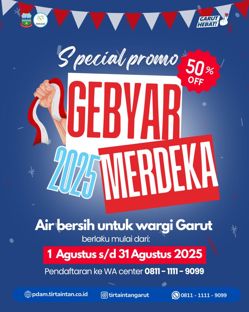 Menyambut Hari Kemerdekaan Republik Indonesia ke-80, Perusahaan Umum Daerah (Perumda) Tirta Intan Garut memberikan hadiah istimewa untuk seluruh warga Garut. Program bertajuk Merdeka Air ini menghadirkan diskon 50 persen biaya pemasangan baru sambungan air bersih ke rumah-rumah warga.