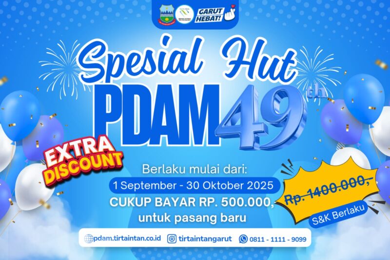 Kabar gembira datang bagi warga Garut. Perumda Air Minum Tirta Intan Garut merayakan Hari Ulang Tahun (HUT) ke-49 dengan menghadirkan promo besar-besaran bagi pelanggan baru.