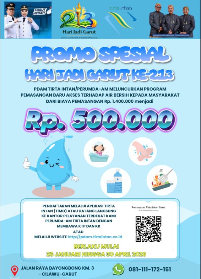 Dalam rangka memperingati Hari Jadi Kabupaten Garut ke-213, Perumda Air Minum Tirta Intan Garut meluncurkan program promo spesial pemasangan baru sambungan air bersih bagi masyarakat. Program ini menjadi angin segar bagi warga yang selama ini belum memiliki akses layanan air bersih perpipaan.