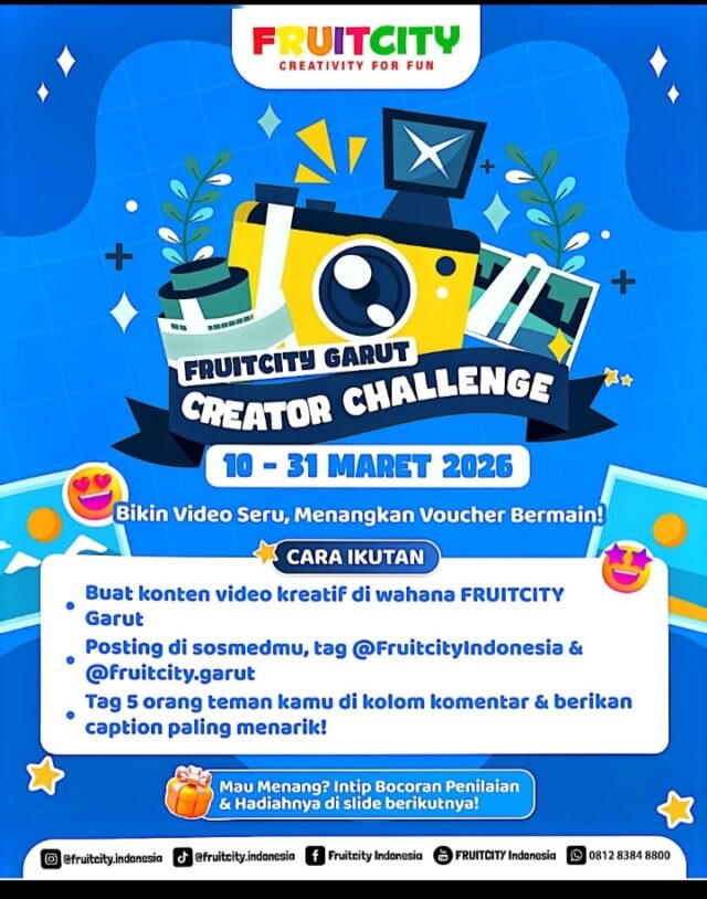 Wahana bermain keluarga FruitCity Garut menghadirkan program seru bertajuk FruitCity Garut Creator Challenge yang berlangsung mulai 10 hingga 31 Maret 2026. Kompetisi ini mengajak para kreator konten untuk membuat video kreatif saat bermain di area FruitCity Garut dengan kesempatan memenangkan berbagai hadiah menarik.