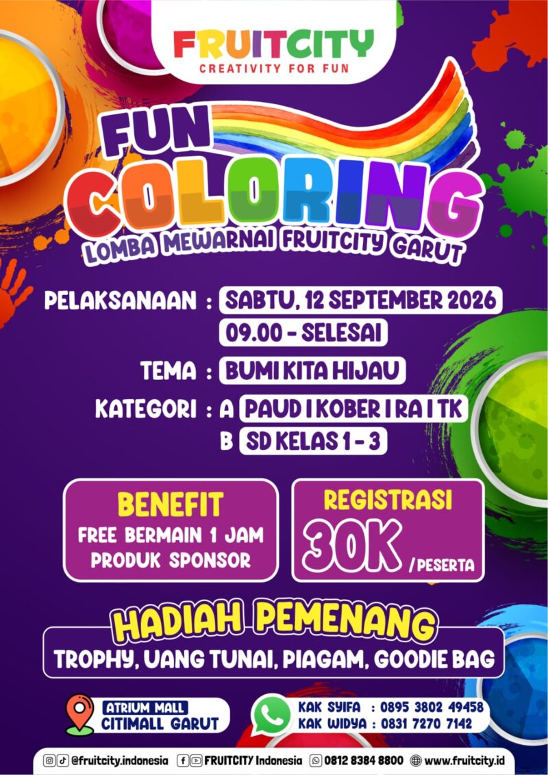 FruitCity Garut kembali menghadirkan kegiatan edukatif dan menghibur bagi anak-anak melalui ajang Fun Coloring atau lomba mewarnai yang akan digelar di Atrium Citimall Garut pada Sabtu, 12 September 2026 mulai pukul 09.00 WIB hingga selesai.