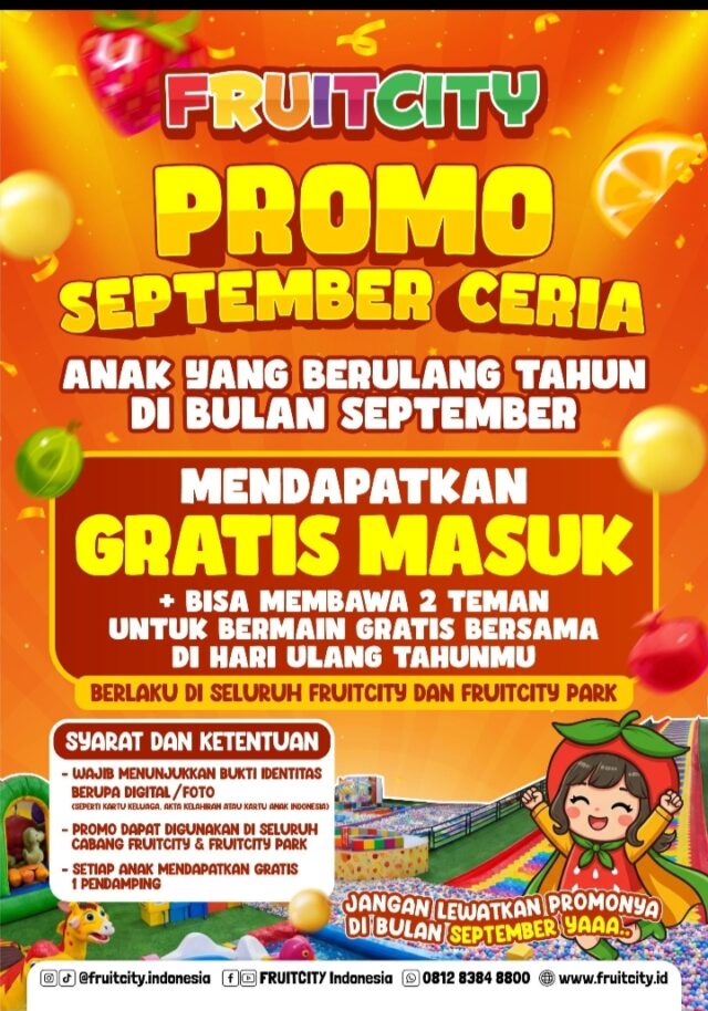 Kabar gembira bagi anak-anak yang berulang tahun pada bulan September. FruitCity menghadirkan promo spesial bertajuk September Ceria yang memberikan kesempatan bermain gratis bagi anak kelahiran bulan September.